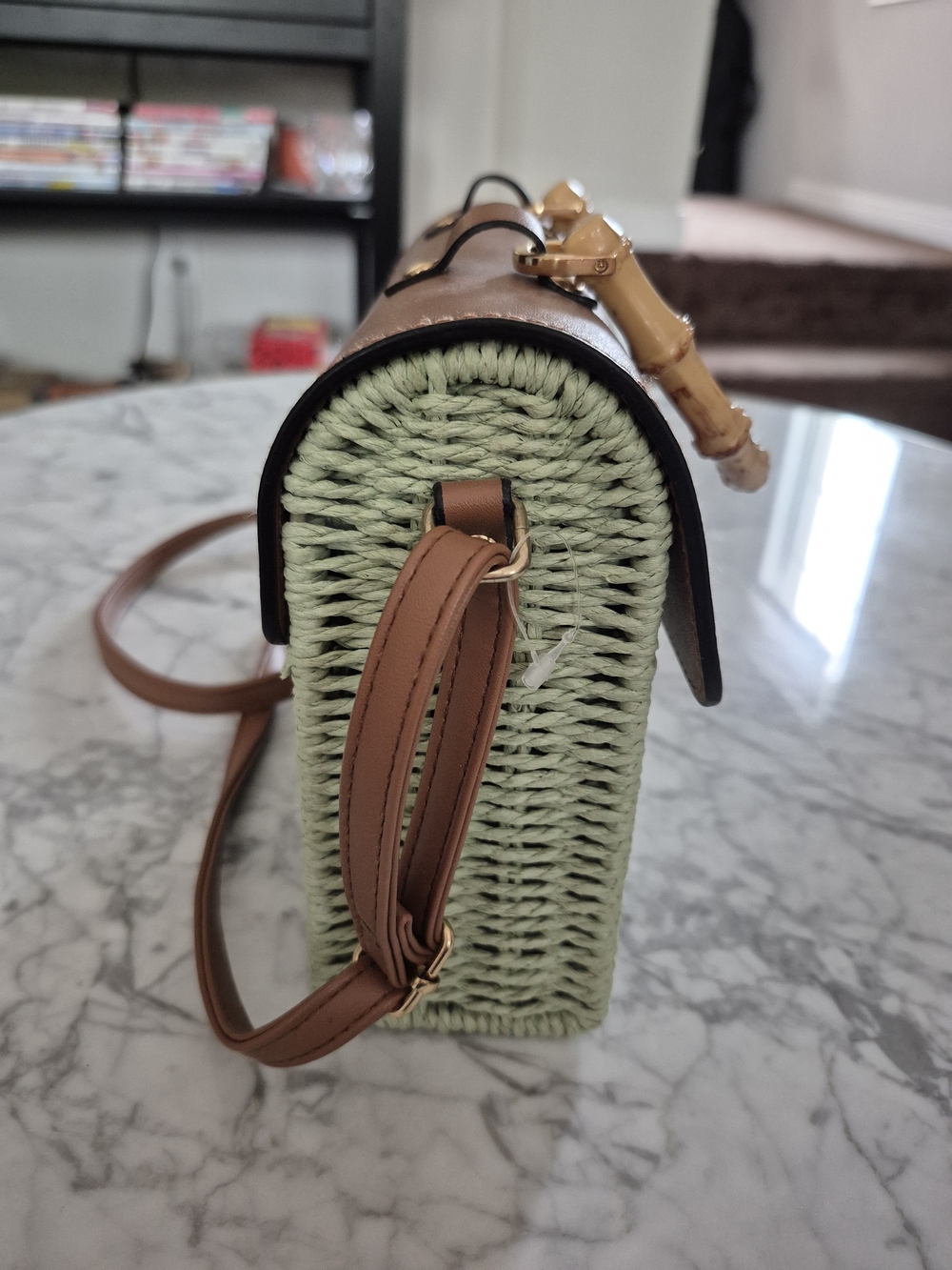 Straw Crossbody Bag with Brown Trim - Picture 7 of 10